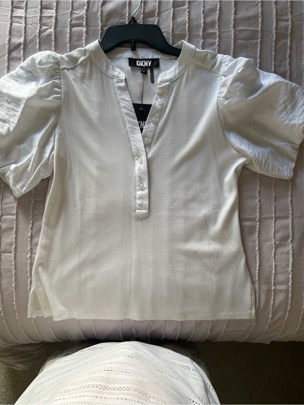 DKNY Cream Ribbed Henley with Puff Sleeves